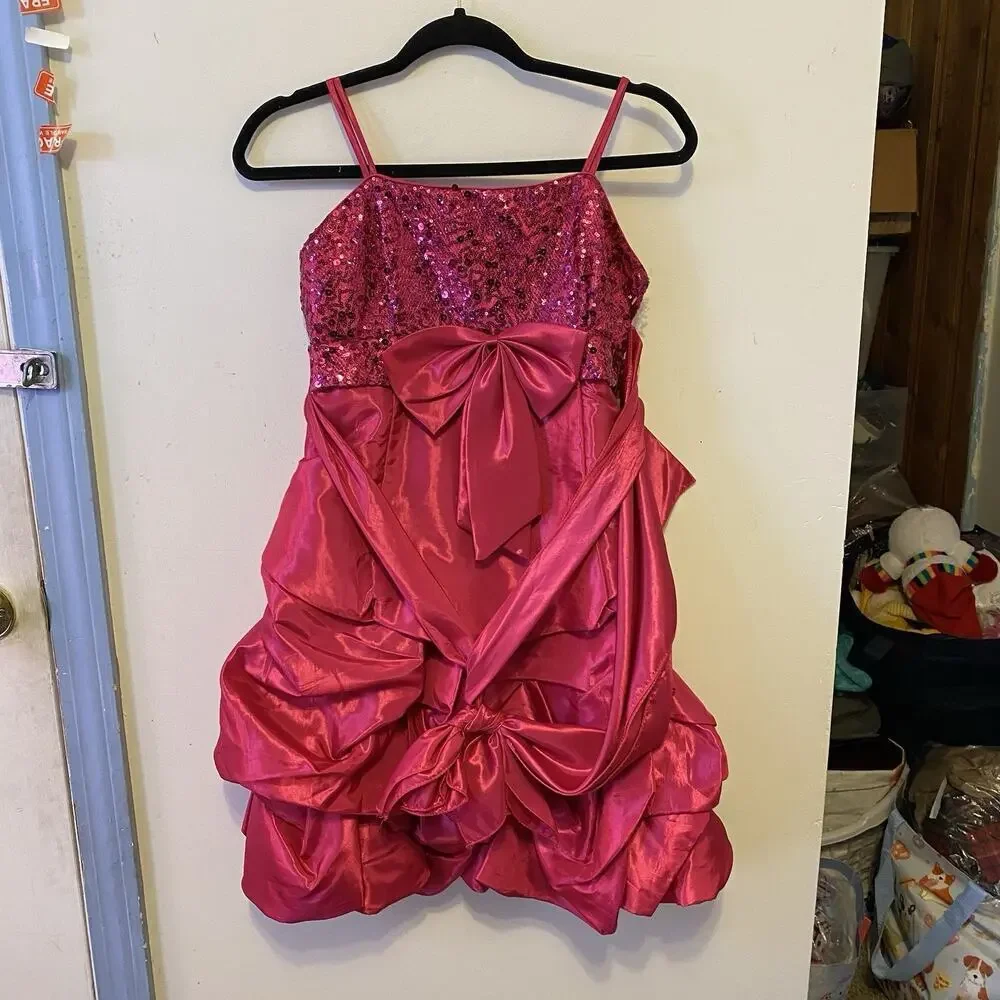 ShariGirl Dress 14 Fuchsia Satin Bow Festive Wedding Holiday Party Dance Formal